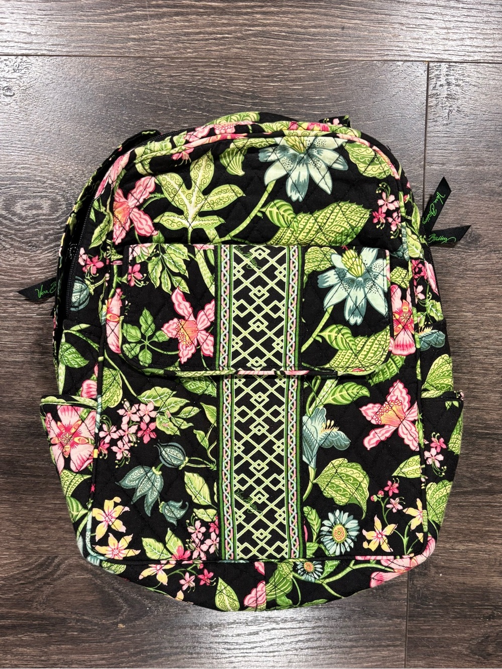 Vera Bradley Black Floral Quilted Backpack with Pink and Green Accents